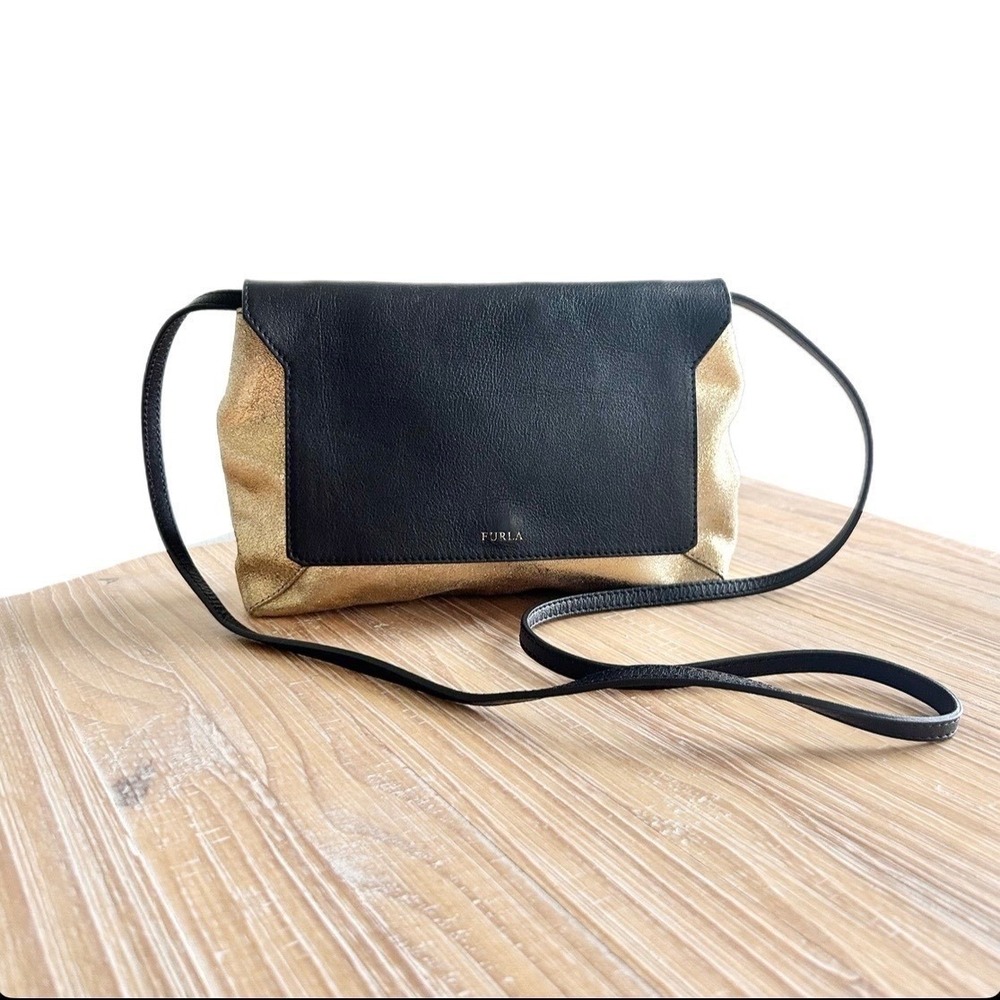 NEW Furla Black and Gold Metallic Leather Crossbody Flap Bag Colorblock Italian